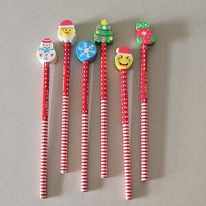 Christmas Festive Red Striped Holiday Pencils - Set of 6
